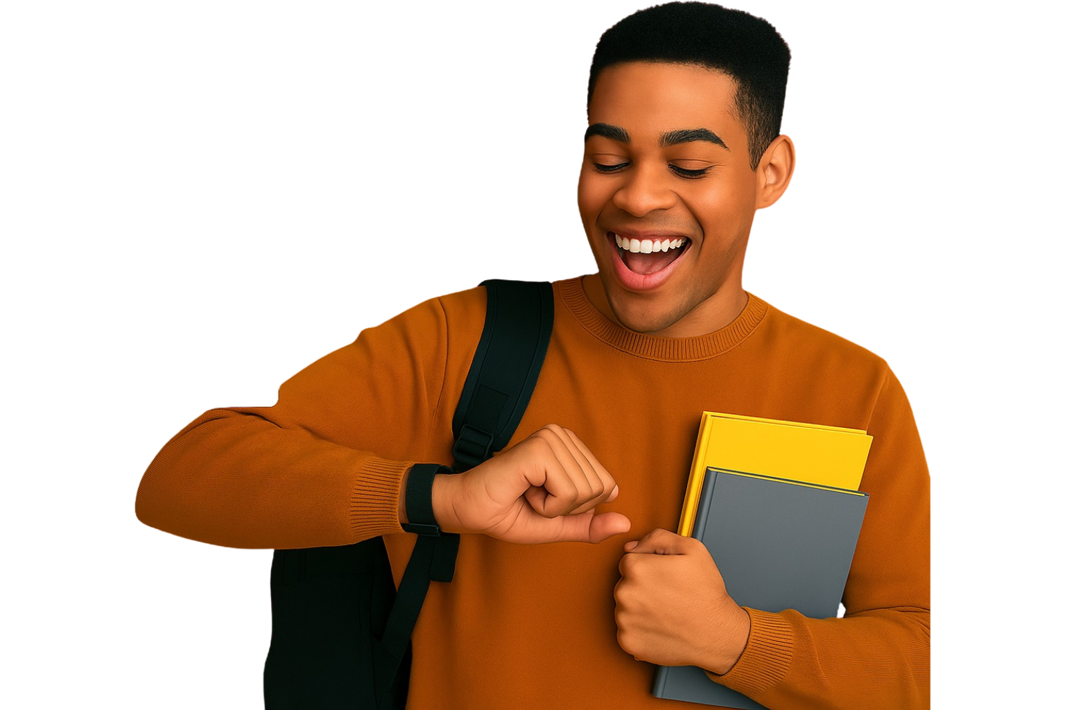Aluno feliz olhando para o relógio